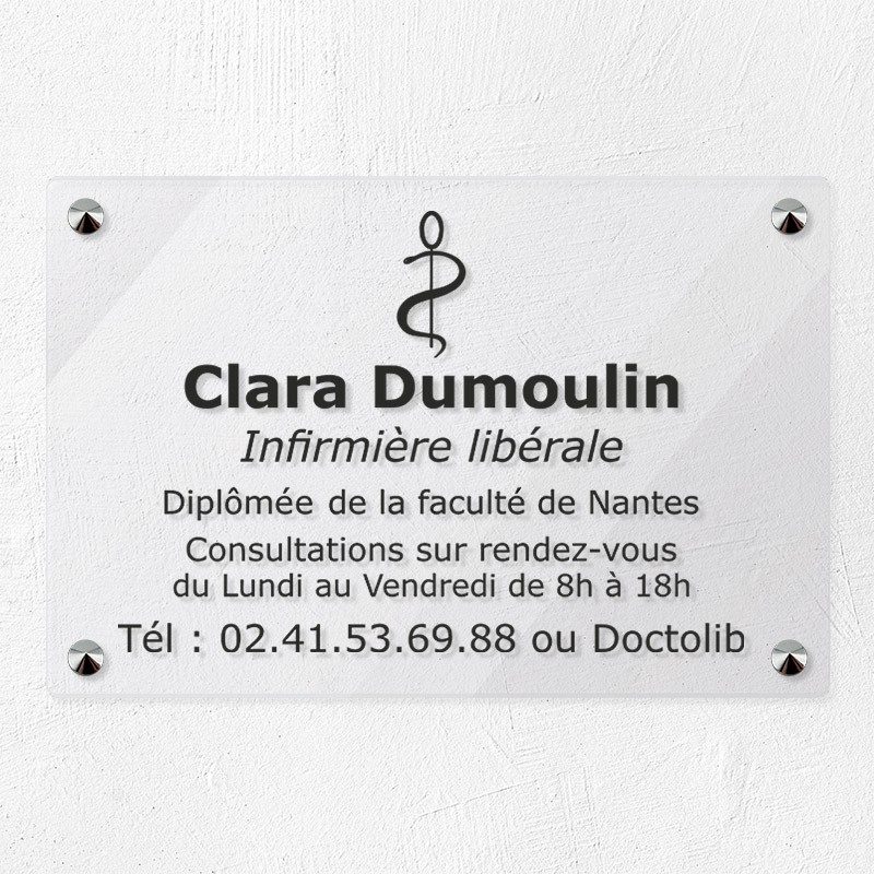 Plaque personnalisée en plexiglas transparent pour infirmière 30x20cm