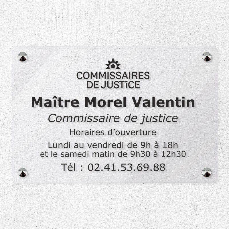 Plaque commissaire justice personnalisée en plexi transparent 30x20cm