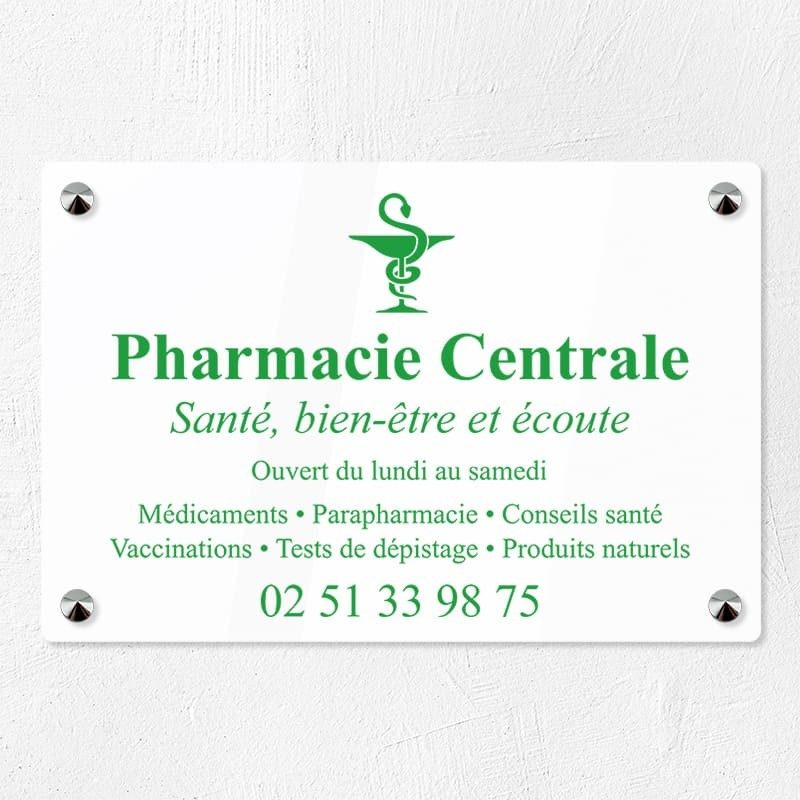Plaque pharmacie en plexiglas quadri et logo 30x20cm