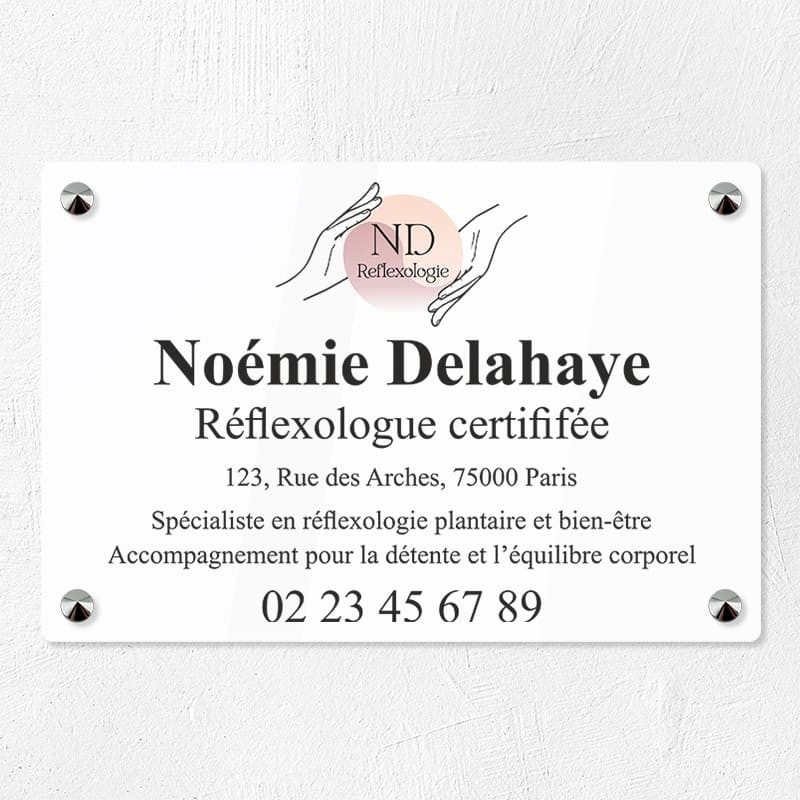 Plaque réflexologue en plexiglas quadri et logo 30x20cm